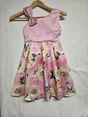 Girls' Pink Floral Satin Party Dress with Bow